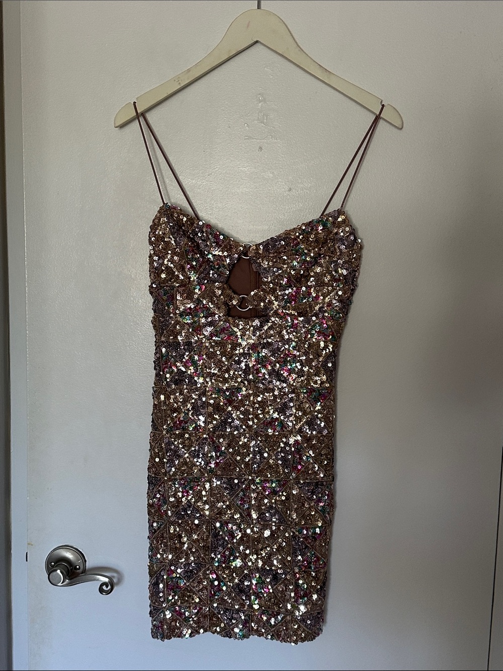 12th Tribe Brown Sequin Mini Dress with Multicolor Embellishments